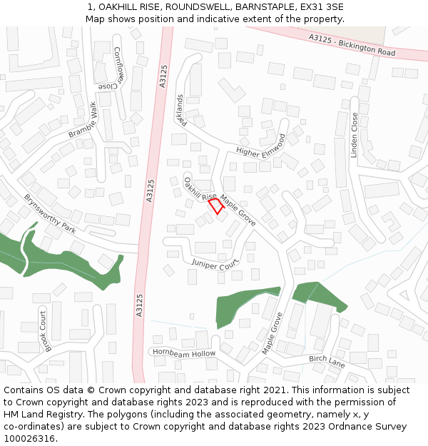 1, OAKHILL RISE, ROUNDSWELL, BARNSTAPLE, EX31 3SE: Location map and indicative extent of plot