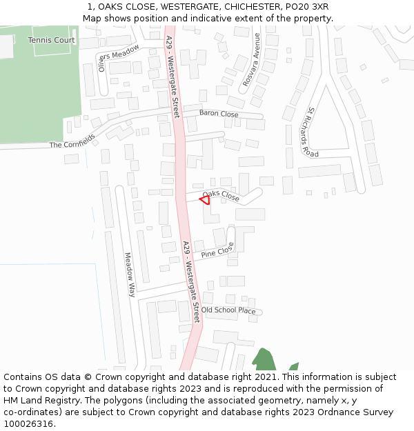 1, OAKS CLOSE, WESTERGATE, CHICHESTER, PO20 3XR: Location map and indicative extent of plot