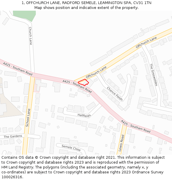 1, OFFCHURCH LANE, RADFORD SEMELE, LEAMINGTON SPA, CV31 1TN: Location map and indicative extent of plot