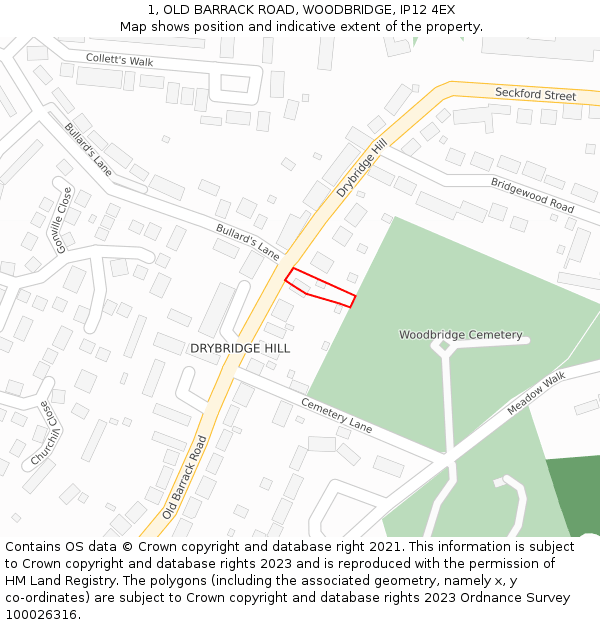 1, OLD BARRACK ROAD, WOODBRIDGE, IP12 4EX: Location map and indicative extent of plot