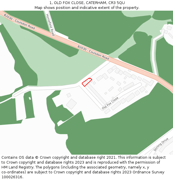 1, OLD FOX CLOSE, CATERHAM, CR3 5QU: Location map and indicative extent of plot