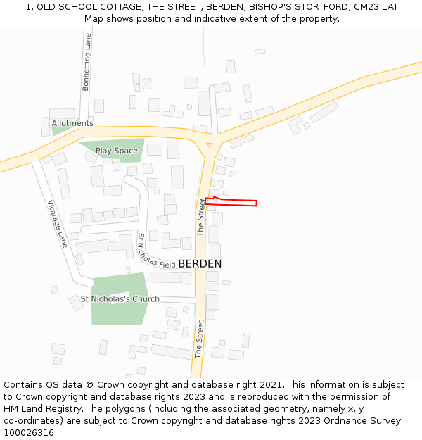 1, OLD SCHOOL COTTAGE, THE STREET, BERDEN, BISHOP'S STORTFORD, CM23 1AT: Location map and indicative extent of plot