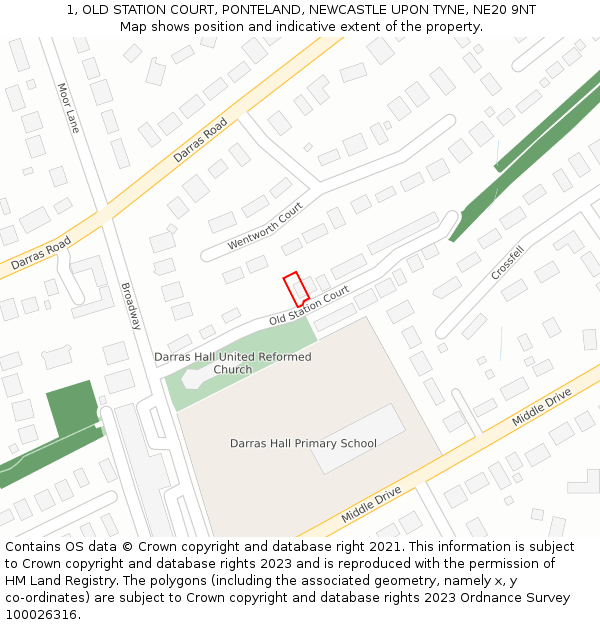 1, OLD STATION COURT, PONTELAND, NEWCASTLE UPON TYNE, NE20 9NT: Location map and indicative extent of plot