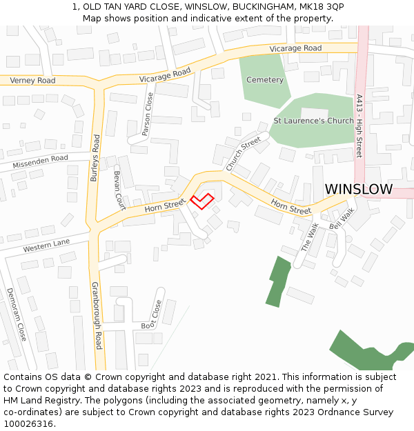 1, OLD TAN YARD CLOSE, WINSLOW, BUCKINGHAM, MK18 3QP: Location map and indicative extent of plot