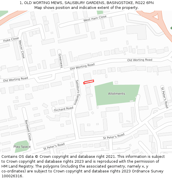 1, OLD WORTING MEWS, SALISBURY GARDENS, BASINGSTOKE, RG22 6PN: Location map and indicative extent of plot