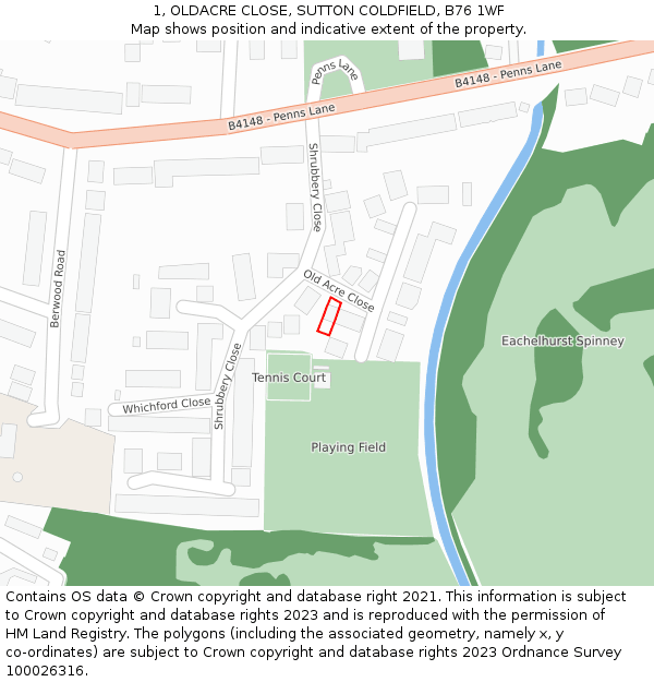 1, OLDACRE CLOSE, SUTTON COLDFIELD, B76 1WF: Location map and indicative extent of plot