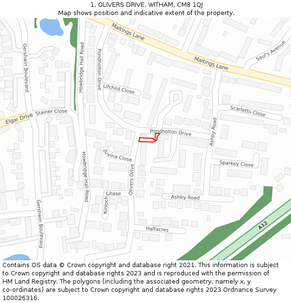1, OLIVERS DRIVE, WITHAM, CM8 1QJ: Location map and indicative extent of plot