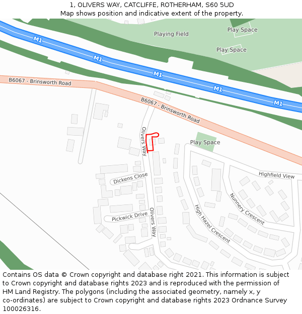 1, OLIVERS WAY, CATCLIFFE, ROTHERHAM, S60 5UD: Location map and indicative extent of plot