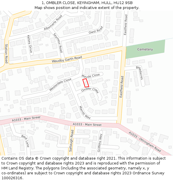 1, OMBLER CLOSE, KEYINGHAM, HULL, HU12 9SB: Location map and indicative extent of plot