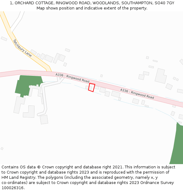 1, ORCHARD COTTAGE, RINGWOOD ROAD, WOODLANDS, SOUTHAMPTON, SO40 7GY: Location map and indicative extent of plot