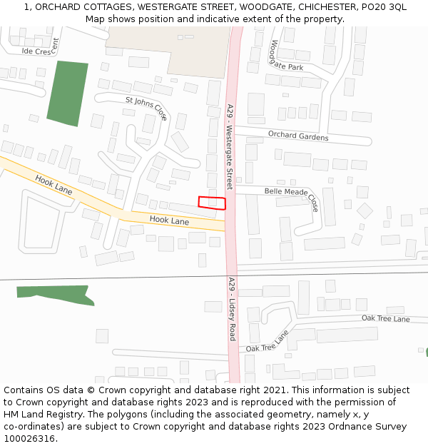 1, ORCHARD COTTAGES, WESTERGATE STREET, WOODGATE, CHICHESTER, PO20 3QL: Location map and indicative extent of plot