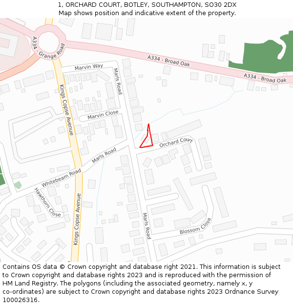 1, ORCHARD COURT, BOTLEY, SOUTHAMPTON, SO30 2DX: Location map and indicative extent of plot