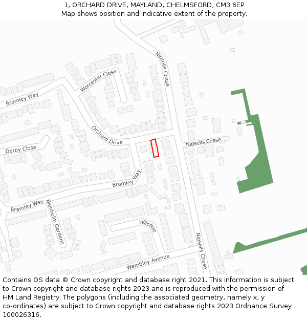 1, ORCHARD DRIVE, MAYLAND, CHELMSFORD, CM3 6EP: Location map and indicative extent of plot