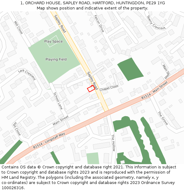 1, ORCHARD HOUSE, SAPLEY ROAD, HARTFORD, HUNTINGDON, PE29 1YG: Location map and indicative extent of plot