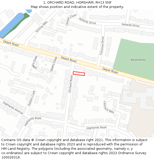 1, ORCHARD ROAD, HORSHAM, RH13 5NF: Location map and indicative extent of plot