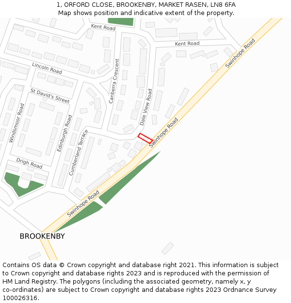 1, ORFORD CLOSE, BROOKENBY, MARKET RASEN, LN8 6FA: Location map and indicative extent of plot