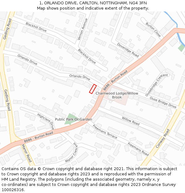 1, ORLANDO DRIVE, CARLTON, NOTTINGHAM, NG4 3FN: Location map and indicative extent of plot