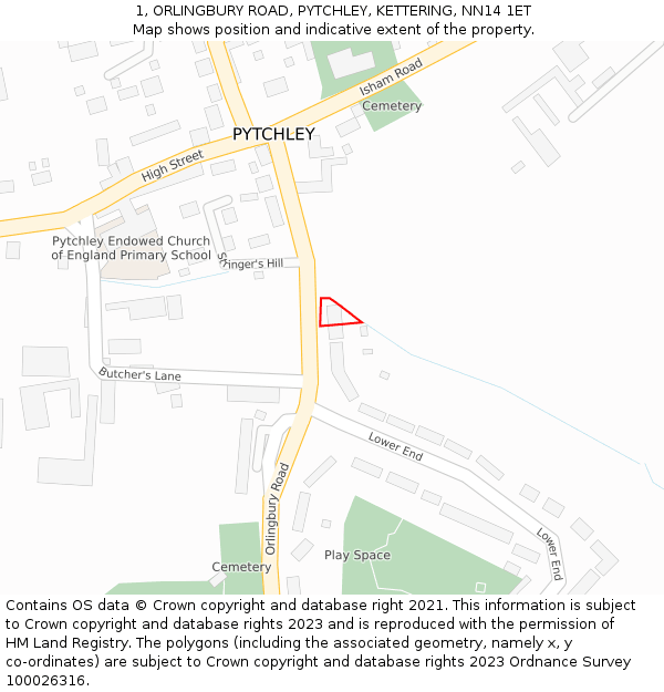 1, ORLINGBURY ROAD, PYTCHLEY, KETTERING, NN14 1ET: Location map and indicative extent of plot