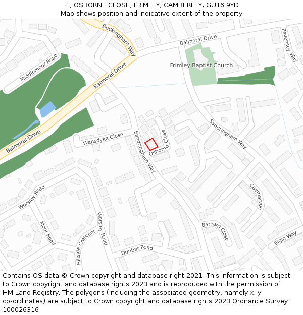1, OSBORNE CLOSE, FRIMLEY, CAMBERLEY, GU16 9YD: Location map and indicative extent of plot