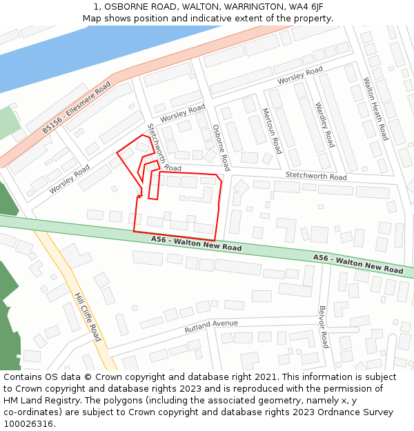 1, OSBORNE ROAD, WALTON, WARRINGTON, WA4 6JF: Location map and indicative extent of plot