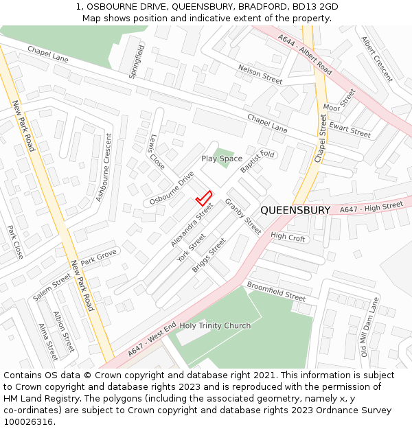 1, OSBOURNE DRIVE, QUEENSBURY, BRADFORD, BD13 2GD: Location map and indicative extent of plot