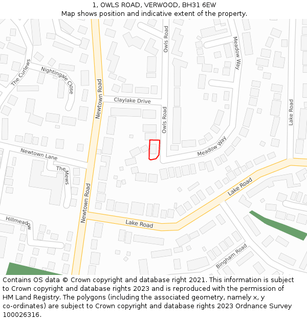 1, OWLS ROAD, VERWOOD, BH31 6EW: Location map and indicative extent of plot