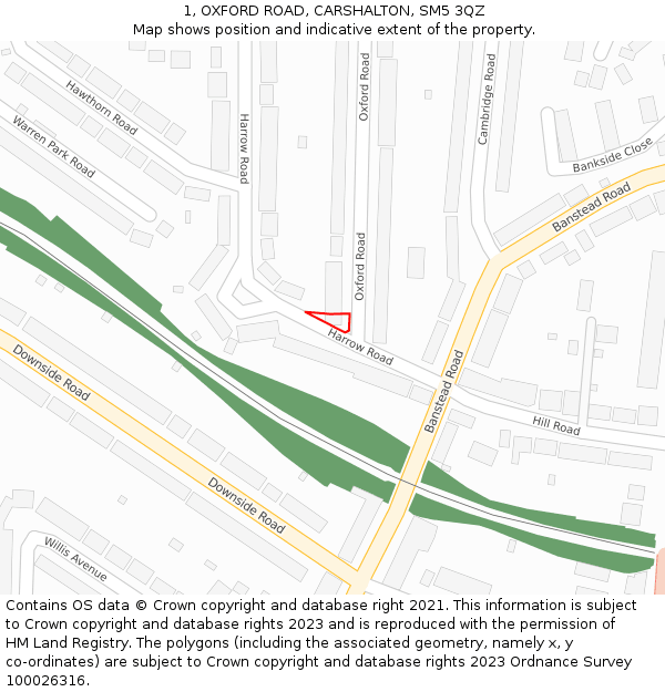 1, OXFORD ROAD, CARSHALTON, SM5 3QZ: Location map and indicative extent of plot