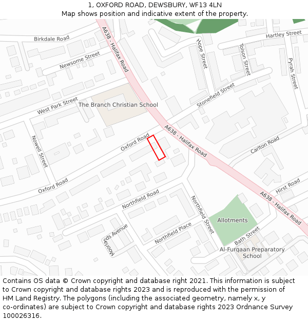 1, OXFORD ROAD, DEWSBURY, WF13 4LN: Location map and indicative extent of plot