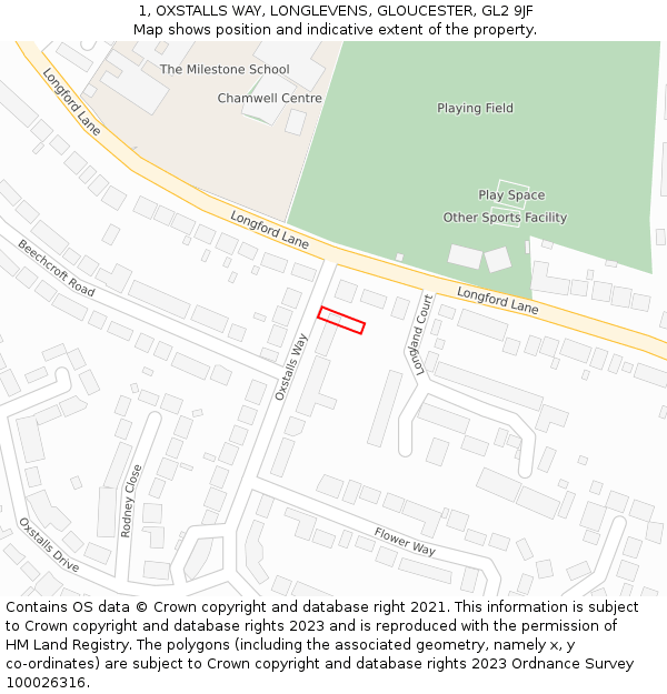 1, OXSTALLS WAY, LONGLEVENS, GLOUCESTER, GL2 9JF: Location map and indicative extent of plot