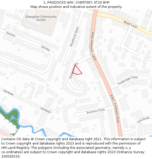 1, PADDOCKS WAY, CHERTSEY, KT16 8HP: Location map and indicative extent of plot