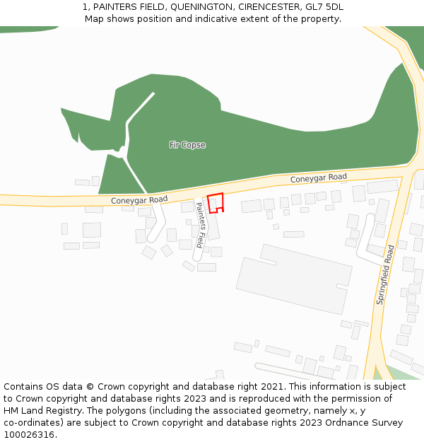 1, PAINTERS FIELD, QUENINGTON, CIRENCESTER, GL7 5DL: Location map and indicative extent of plot