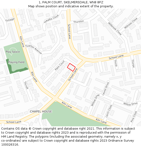 1, PALM COURT, SKELMERSDALE, WN8 8PZ: Location map and indicative extent of plot