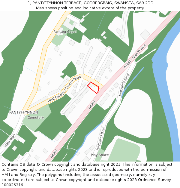 1, PANTYFFYNNON TERRACE, GODRERGRAIG, SWANSEA, SA9 2DD: Location map and indicative extent of plot