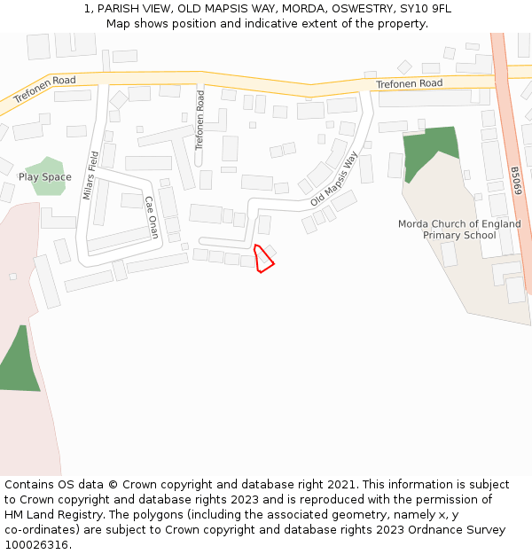 1, PARISH VIEW, OLD MAPSIS WAY, MORDA, OSWESTRY, SY10 9FL: Location map and indicative extent of plot