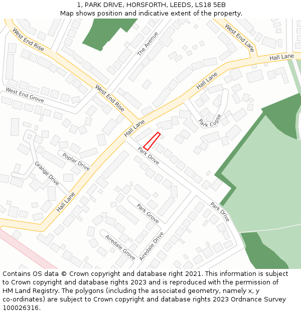 1, PARK DRIVE, HORSFORTH, LEEDS, LS18 5EB: Location map and indicative extent of plot