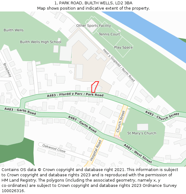 1, PARK ROAD, BUILTH WELLS, LD2 3BA: Location map and indicative extent of plot