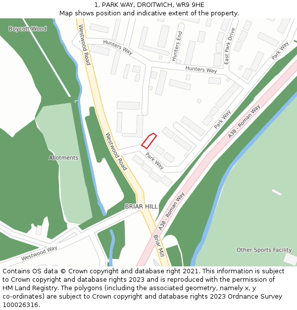 1, PARK WAY, DROITWICH, WR9 9HE: Location map and indicative extent of plot