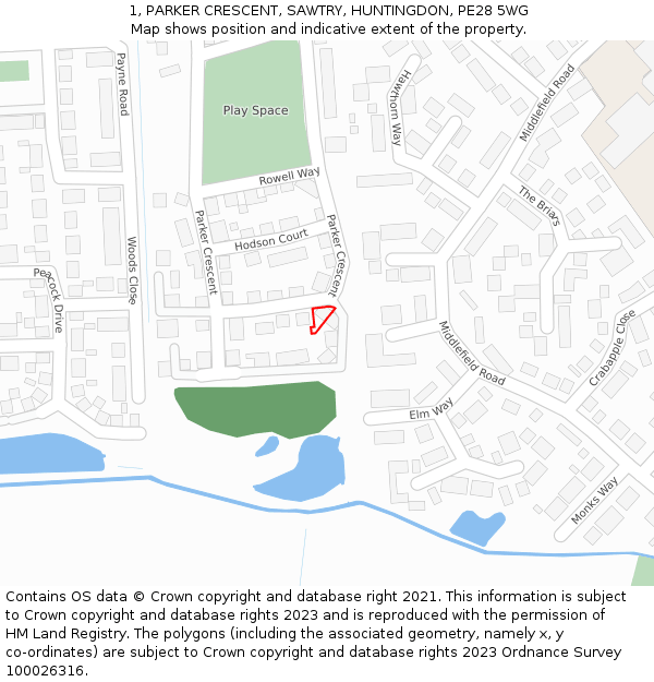 1, PARKER CRESCENT, SAWTRY, HUNTINGDON, PE28 5WG: Location map and indicative extent of plot