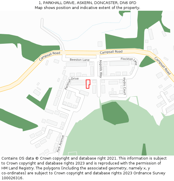 1, PARKHALL DRIVE, ASKERN, DONCASTER, DN6 0FD: Location map and indicative extent of plot