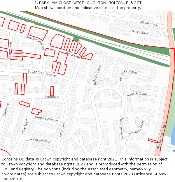 1, PARKHAM CLOSE, WESTHOUGHTON, BOLTON, BL5 2GT: Location map and indicative extent of plot