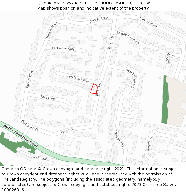 1, PARKLANDS WALK, SHELLEY, HUDDERSFIELD, HD8 8JW: Location map and indicative extent of plot