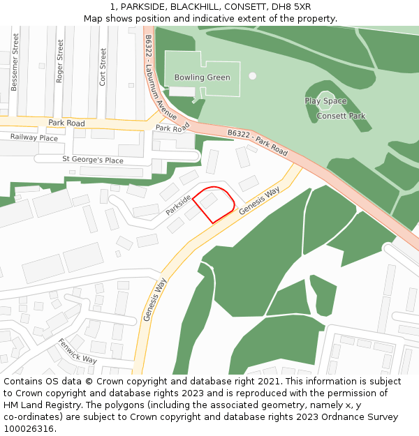 1, PARKSIDE, BLACKHILL, CONSETT, DH8 5XR: Location map and indicative extent of plot