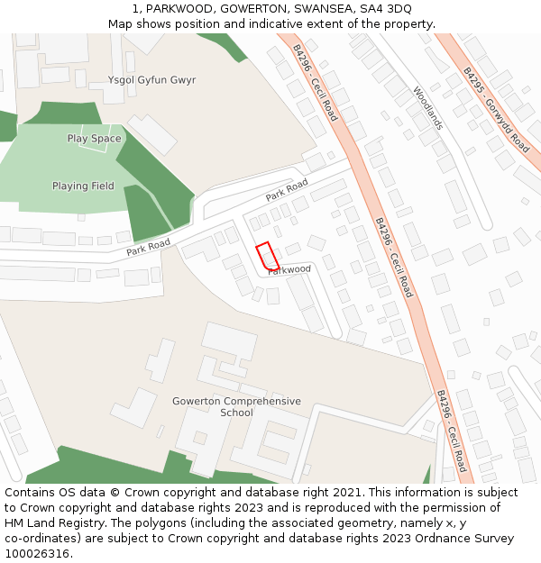 1, PARKWOOD, GOWERTON, SWANSEA, SA4 3DQ: Location map and indicative extent of plot