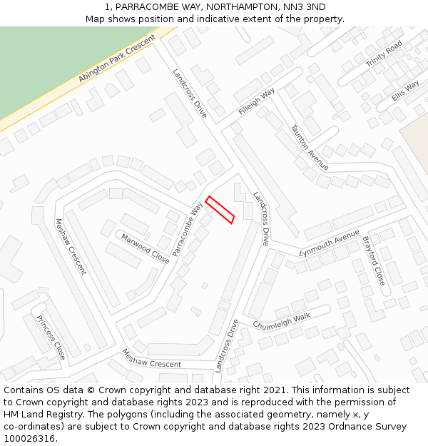 1, PARRACOMBE WAY, NORTHAMPTON, NN3 3ND: Location map and indicative extent of plot