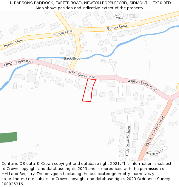 1, PARSONS PADDOCK, EXETER ROAD, NEWTON POPPLEFORD, SIDMOUTH, EX10 0FD: Location map and indicative extent of plot