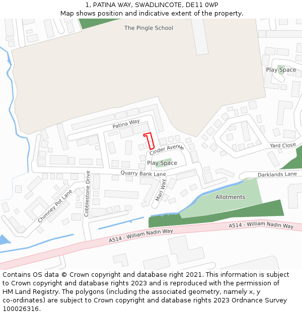 1, PATINA WAY, SWADLINCOTE, DE11 0WP: Location map and indicative extent of plot