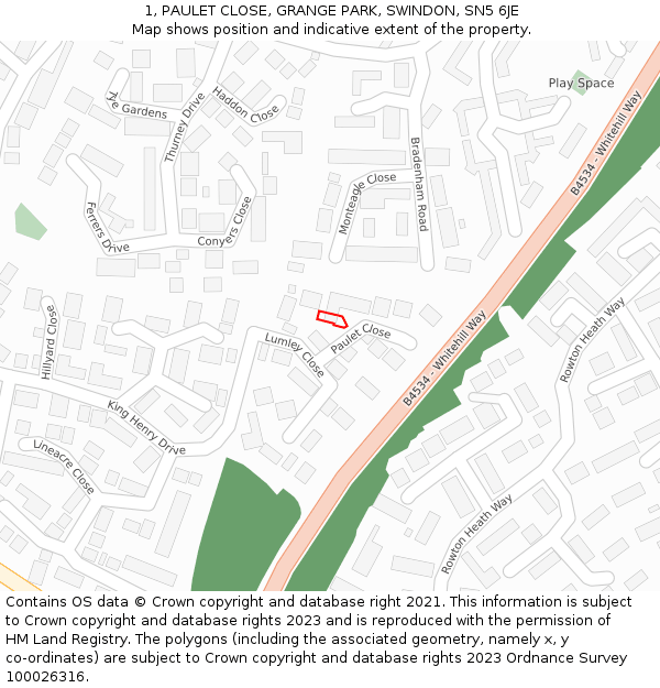 1, PAULET CLOSE, GRANGE PARK, SWINDON, SN5 6JE: Location map and indicative extent of plot