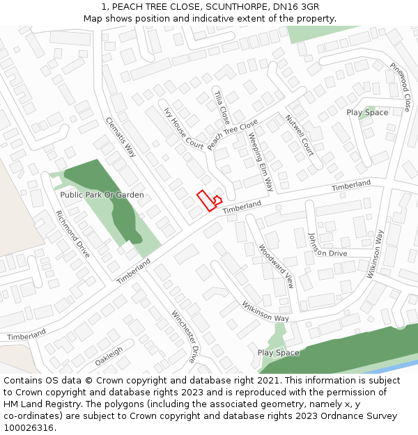 1, PEACH TREE CLOSE, SCUNTHORPE, DN16 3GR: Location map and indicative extent of plot