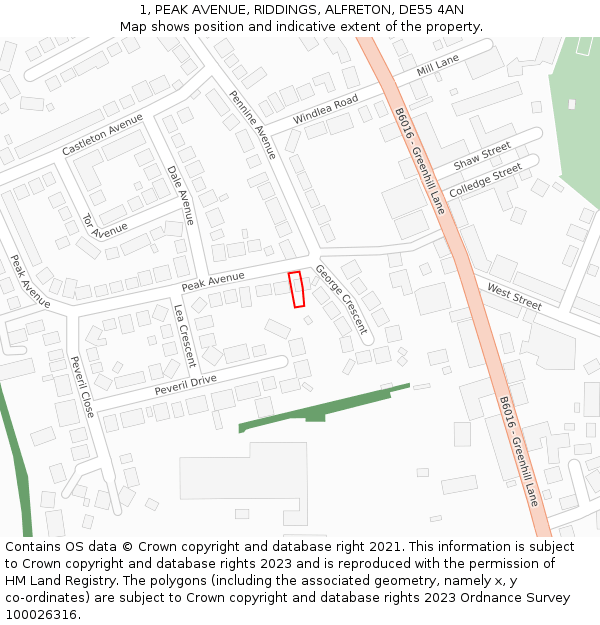 1, PEAK AVENUE, RIDDINGS, ALFRETON, DE55 4AN: Location map and indicative extent of plot