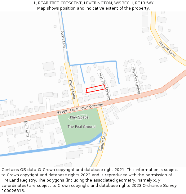 1, PEAR TREE CRESCENT, LEVERINGTON, WISBECH, PE13 5AY: Location map and indicative extent of plot